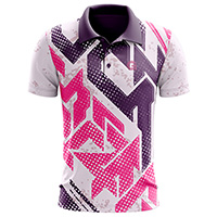 Rosado Sublimated Polo Shirt for men, back view, showing the full pink and purple geometric print on 4-way stretch performance Lycra Mesh material.