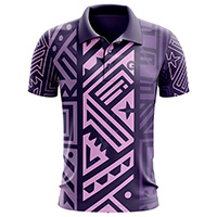 Runic Sublimated Polo Shirt for men, back view, showing the full purple and pink tribal pattern on 4-way stretch performance Lycra Mesh material.