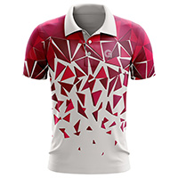 Rupture Sublimated Polo Shirt for men, back view, showing the full red-to-white shattering triangle print on 4-way stretch performance Lycra Mesh material.