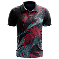 Spawn Sublimated Polo Shirt for men, back view, showing the full abstract red and teal graphic print on 4-way stretch performance Lycra Mesh material.
