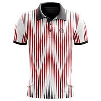 taccato Sublimated Polo Shirt for men, back view, showing the full red and black vertical striped print on 4-way stretch performance Lycra Mesh material.