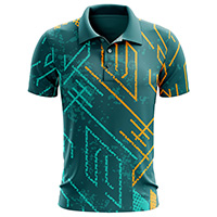 Tectonic Sublimated Polo Shirt for men, front view, showing the full teal and orange tech-line print on 4-way stretch performance Lycra Mesh material.