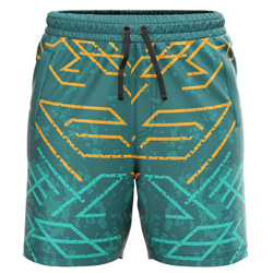 Tectonic all over print Sublimated Shorts for men, front view, featuring a teal base with orange and aqua tech-line graphics on dry-fit Lycra Mesh fabric.