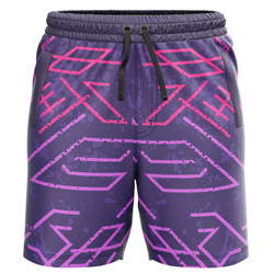 Twilight all over print Sublimated Shorts for men, front view, in purple with a pink tech-line print and Gymkhana logo on dry-fit Lycra Mesh.