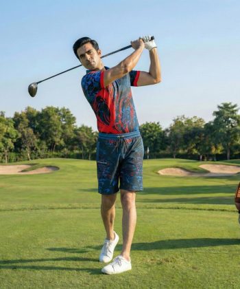 adrenaline Sublimated polo shirt shorts twinset coord set pakistan male model front view