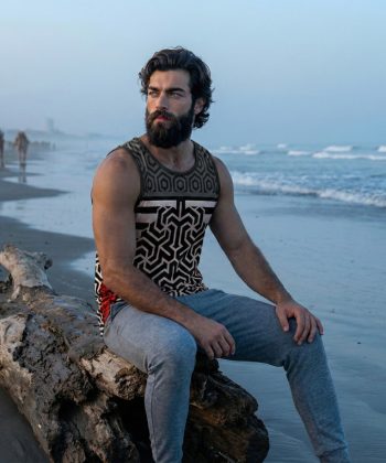 all over print sublimated crimson sleeveless shirt vest sitting view