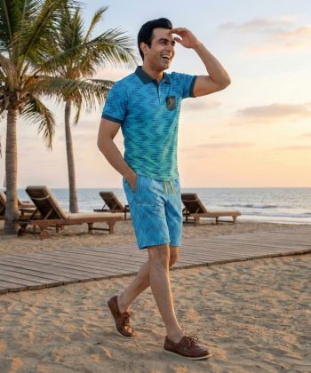 amplitude Sublimated polo shirt shorts twinset coord set pakistan male model front view