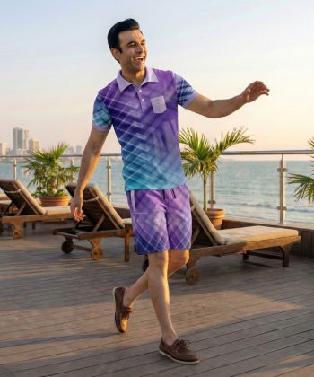 echelon Sublimated polo shirt shorts twinset coord set pakistan male model front view