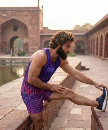 fuchsia Sublimated sleeveless shirt shorts twinset coord set pakistan male model front view