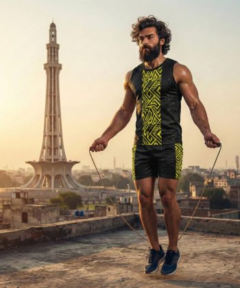 hazard Sublimated sleeveless shirt shorts twinset coord set pakistan male model front view