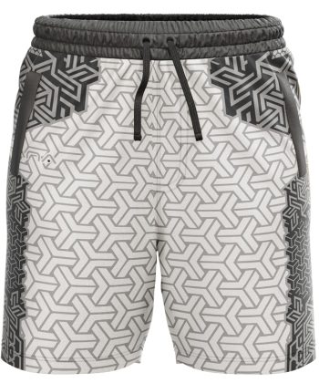 Hex Sublimated Shorts for men, front view, featuring a light grey and black geometric all-over print on dry-fit Lycra Mesh.