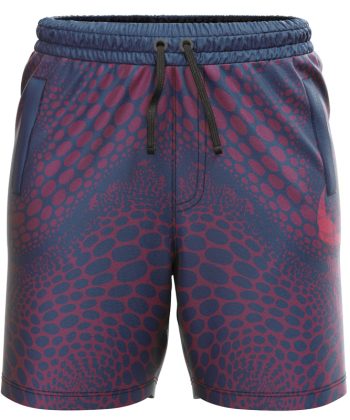 Host Sublimated Shorts for men, front view, in navy blue with a red graphic dot pattern on dry-fit Lycra Mesh.
