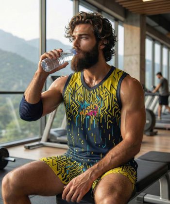 labyrinth Sublimated sleeveless shirt shorts twinset coord set pakistan male model front view