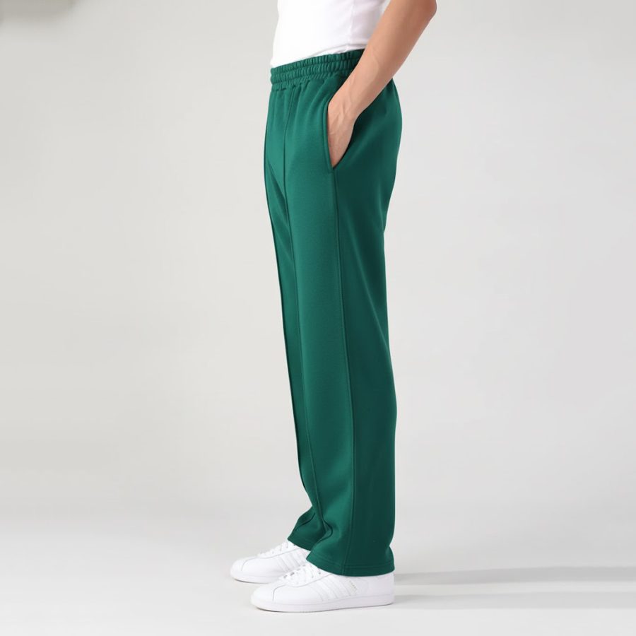 Left side view of straight-fit mens terry trousers highlighting the front pintuck seam.