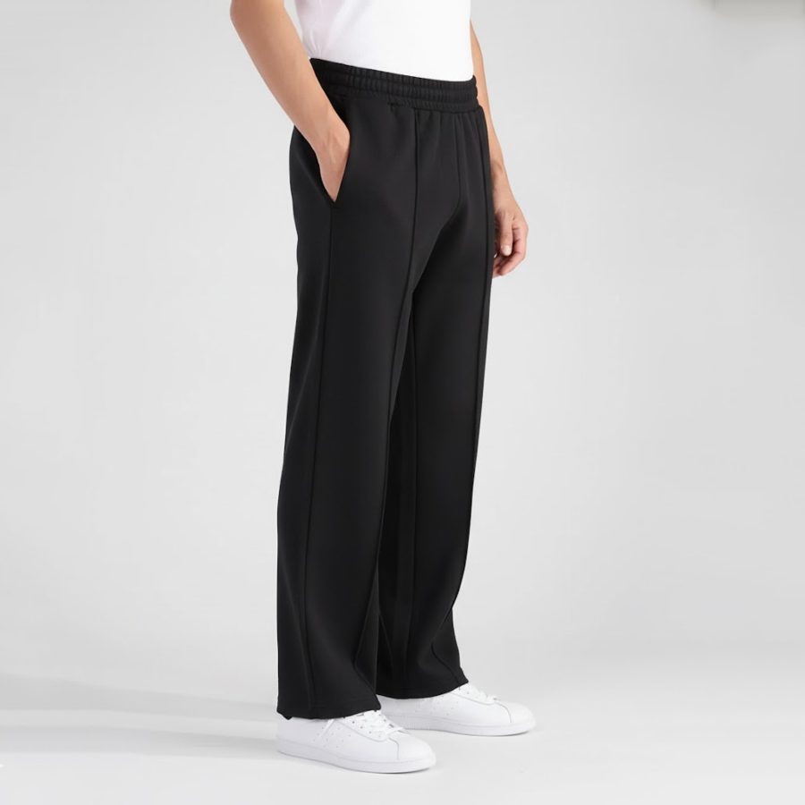 Right side view of black straight-fit mens terry trousers.