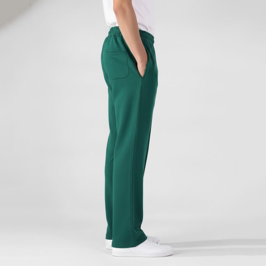 Right side view of green mens terry trousers with hand in back pocket.