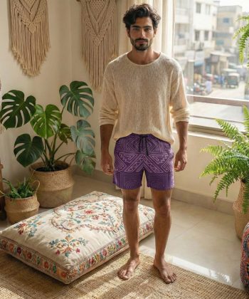 pakistan male model runic all over print sublimated leisure Football shorts front view