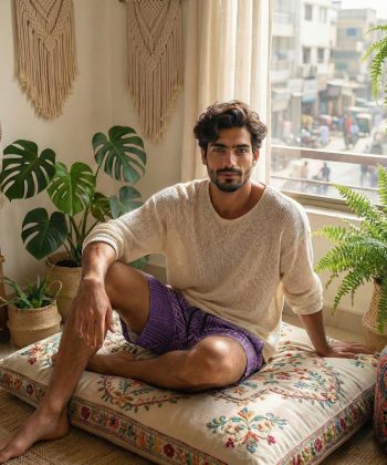 pakistan male model runic all over print sublimated leisure Football shorts sitting view