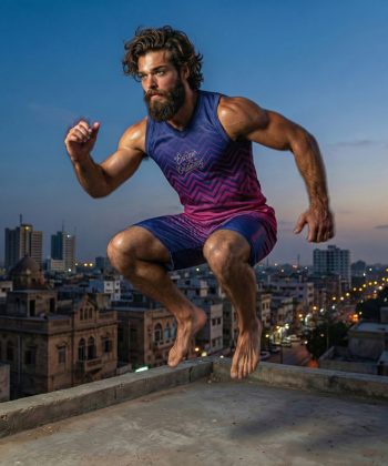 pixel Sublimated sleeveless shirt shorts twinset coord set pakistan male model back view