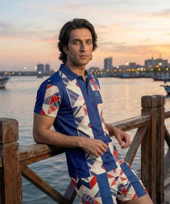 rift sublimated polo shirt shorts twinset coord set pakistan male model front view