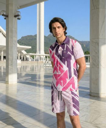 rosado sublimated polo shirt shorts twinset coord set pakistan male model front view