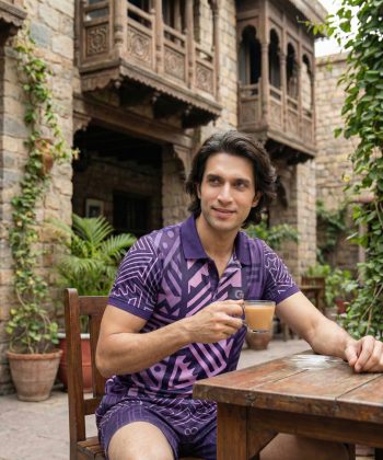 runic sublimated polo shirt shorts twinset coord set pakistan male model front view