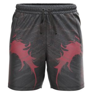 Spawn all over print Sublimated Shorts for men, front view, in black with an abstract red graphic design on dry-fit Lycra Mesh.