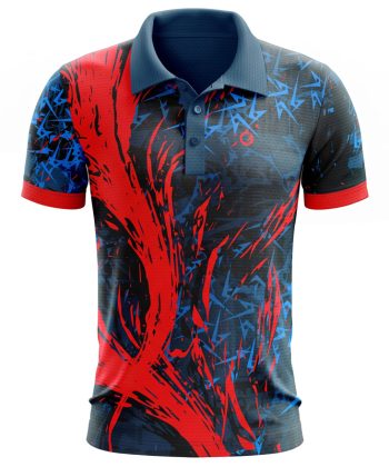 Front view of the Adrenaline sublimated polo shirt on a ghost mannequin, displaying the self-fabric collar, solid placket, and abstract red and blue design.
