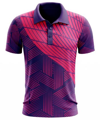 Front view of the Parallax sublimated polo shirt displaying a solid purple self-fabric collar and striking geometric design.