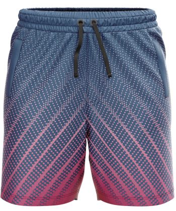 Syzygy all over print Sublimated Shorts for men, front view, in navy blue with a pink dotted gradient all-over print on dry-fit Lycra Mesh.
