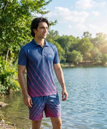 syzygy sublimated polo shirt shorts twinset coord set pakistan male model front view