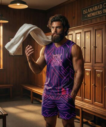 twilight Sublimated sleeveless shirt shorts twinset coord set pakistan male model front view