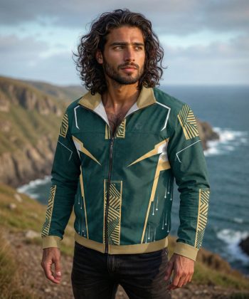 chevron Sports Jacket Zip Collar all over print sublimated hoodie zipper pakistan male model front view