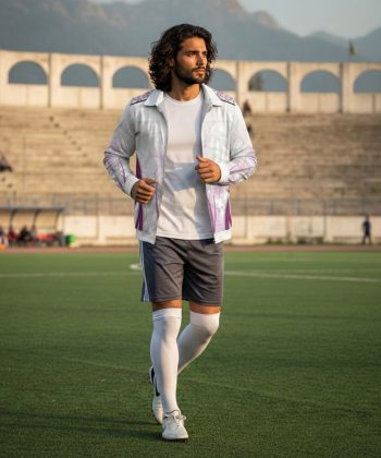 mauve Sports Jacket Zip Collar all over print sublimated hoodie zipper pakistan male model front view