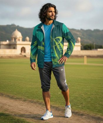 meteor Sports Jacket Zip Collar all over print sublimated hoodie zipper pakistan male model front view