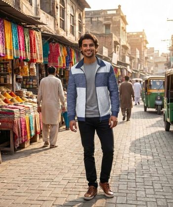 pakistan male model Cobalt Mosaic Zip Collar Classic all over print sublimated hoodie zipper front view