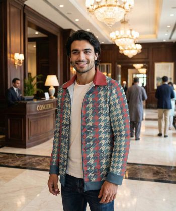 pakistan male model houndstooth Zip Collar Classic all over print sublimated hoodie zipper front view