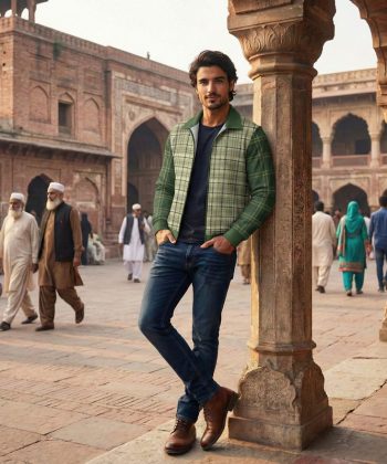 pakistan male model sherwood classic check Zip Collar Classic all over print sublimated hoodie zipper front view