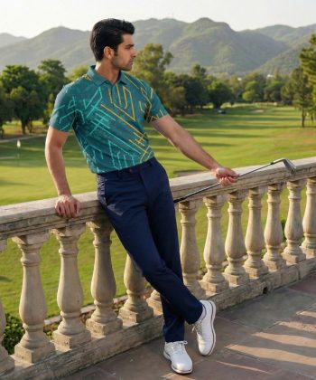 Tectonic Sublimated Polo Shirt men front view, full teal orange tech-line print 4-way stretch performance Lycra Mesh material all over print Half sleeve front view