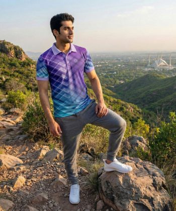 Echelon Sublimated Polo Shirt men, front view, geometric purple blue gradient all-over print dry-fit Lycra Mesh fabric