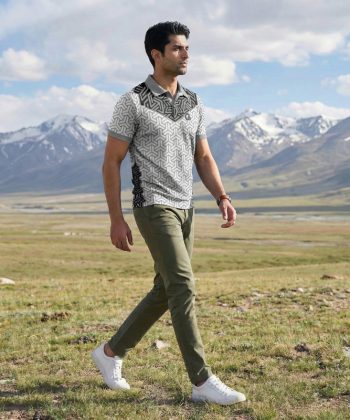 Hex Sublimated Polo Shirt men, side view, geometric pattern black yoke accent 4-way stretch performance Lycra Mesh material all over print polo Half sleeve