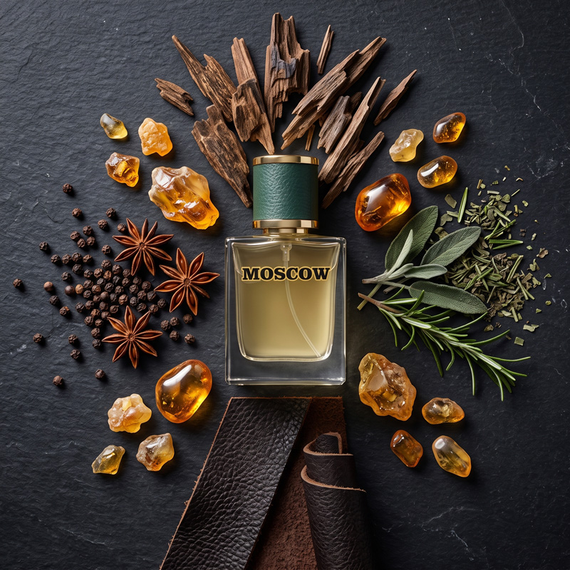 Top-down flat lay of Moscow Extrait de Parfum bottle surrounded by raw ingredients like oud wood, dark leather, star anise, amber resin, and fresh spices on a dark slate background.