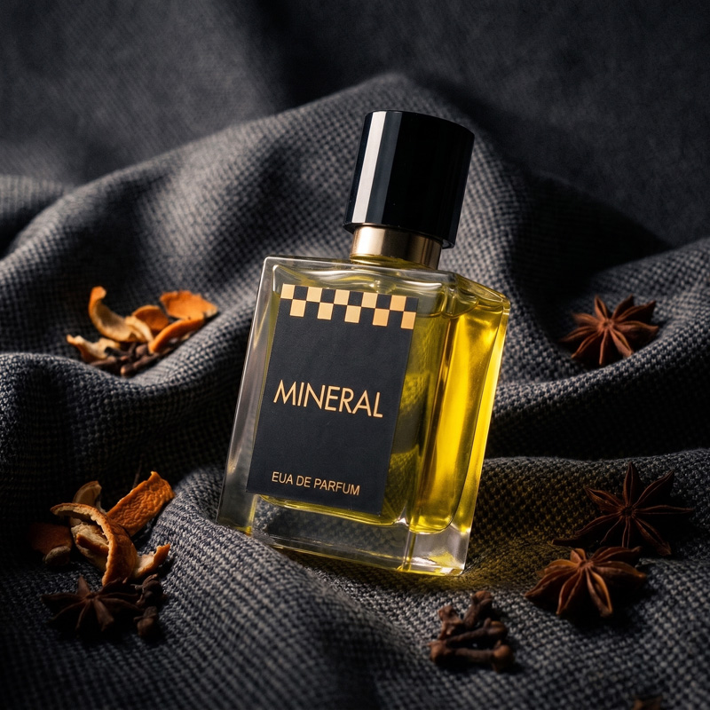 Mineral eau de parfum bottle glowing with golden amber liquid, placed on dark grey textured fabric alongside star anise and dried orange peels.