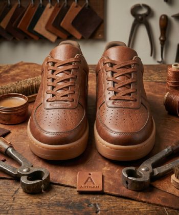 Front view of Oakwood Classic brown leather sneakers showing tonal laces and perforated toe box details.