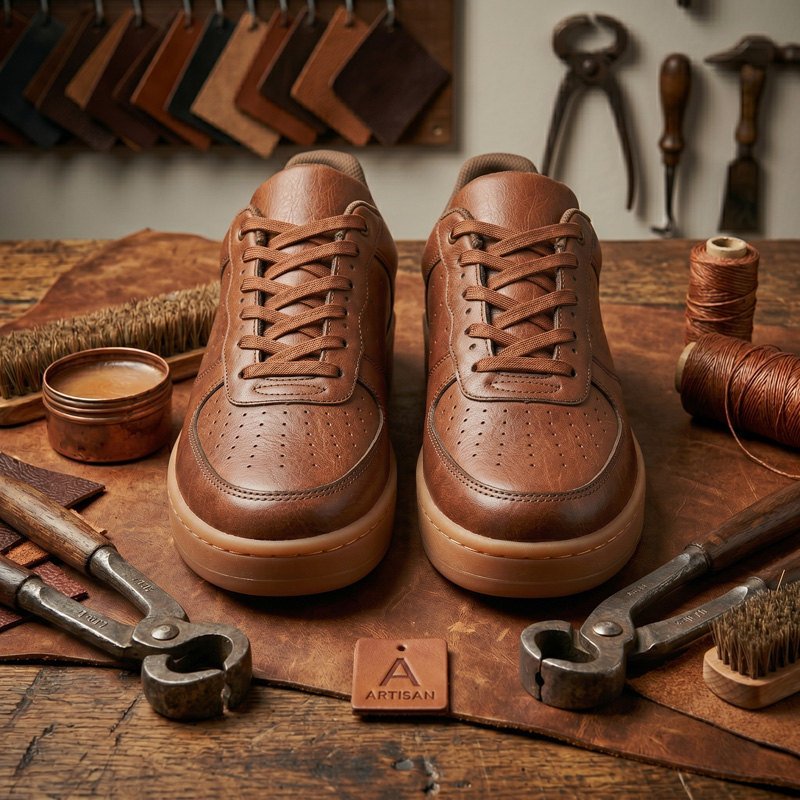 Front view of Oakwood Classic brown leather sneakers showing tonal laces and perforated toe box details.