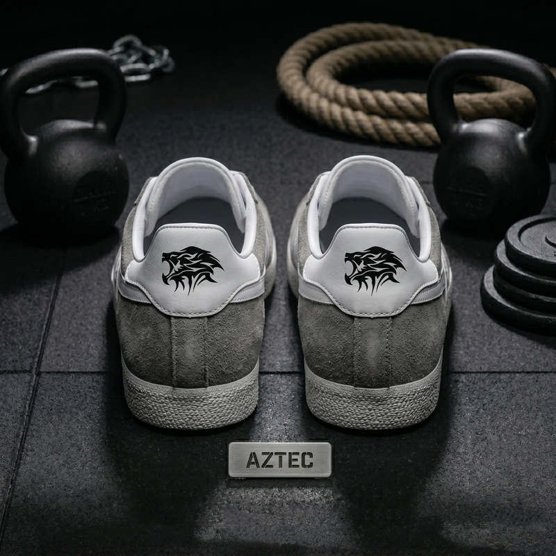 Back heel view of Aztec grey suede sneakers featuring a distinctive black lion emblem graphic