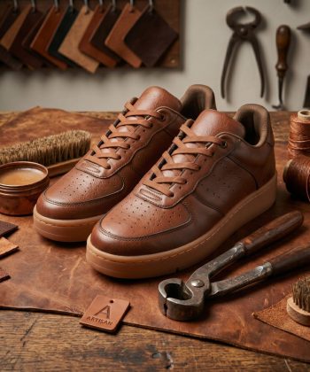 Angled side view of Oakwood Classic premium brown leather sneakers resting on an artisan workbench.