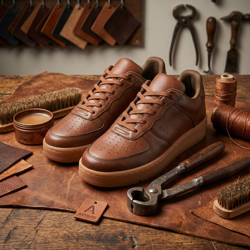 Angled side view of Oakwood Classic premium brown leather sneakers resting on an artisan workbench.