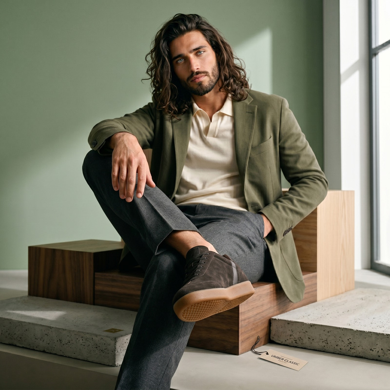 Male model sitting and wearing the Umber Classic suede sneakers paired with grey trousers and an olive green blazer