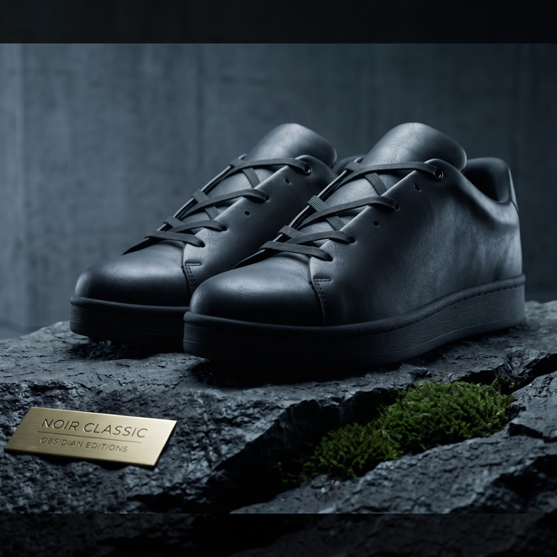 Three-quarter angled view of the Noir Classic Leather Sneakers resting on a textured stone display